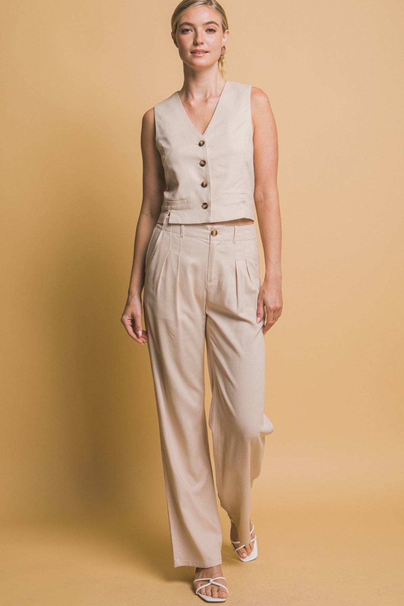 Beige Linen Pleated Trousers