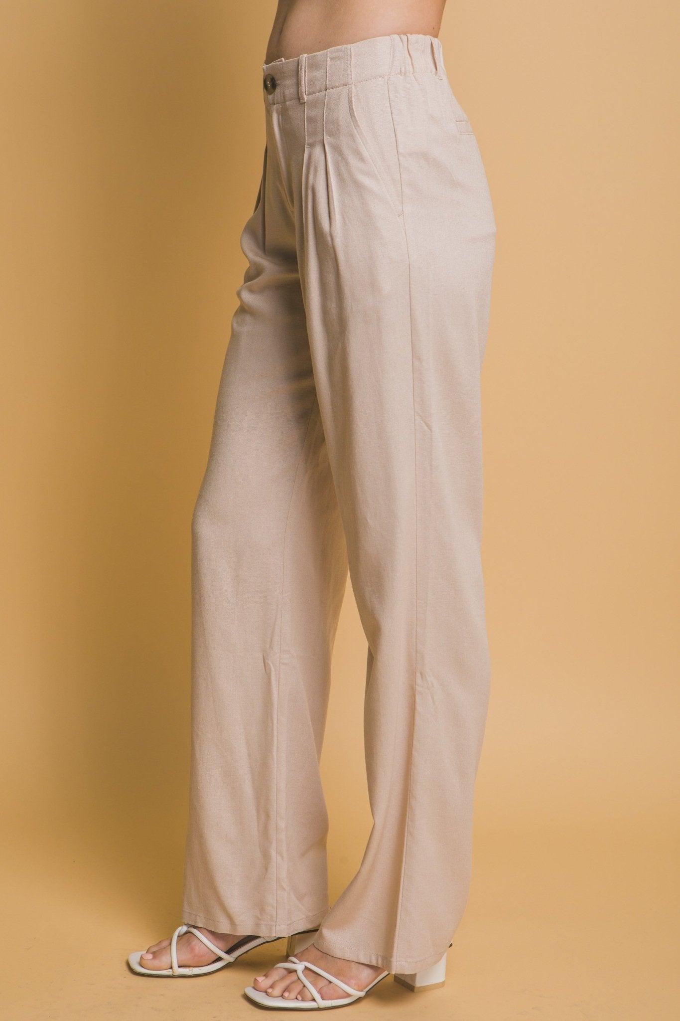 Beige Linen Pleated Trousers