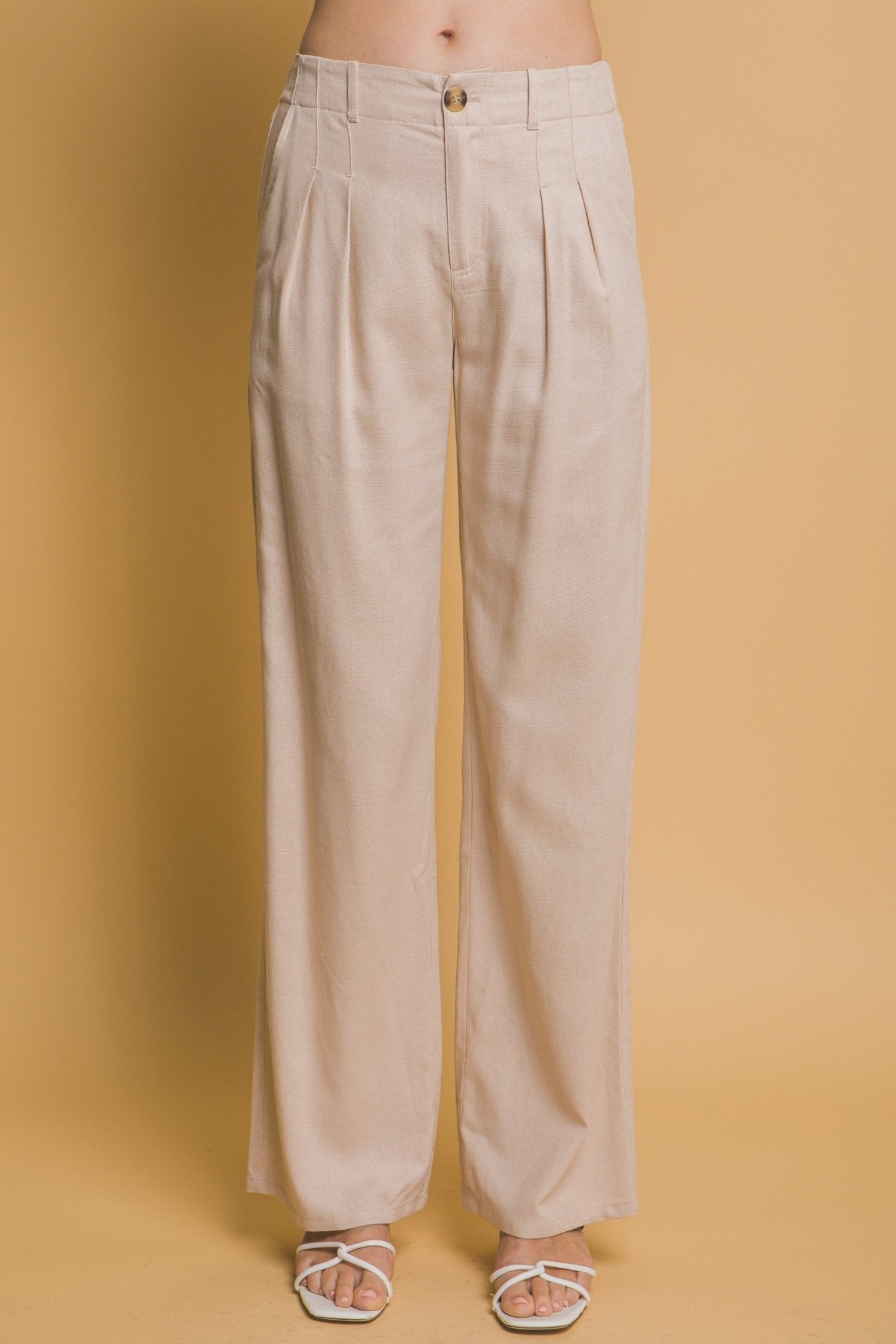 Beige Linen Pleated Trousers