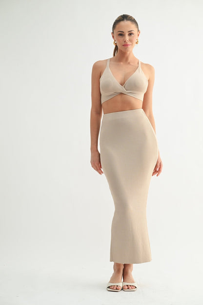 Beige Ribbed Knit Skirt Set