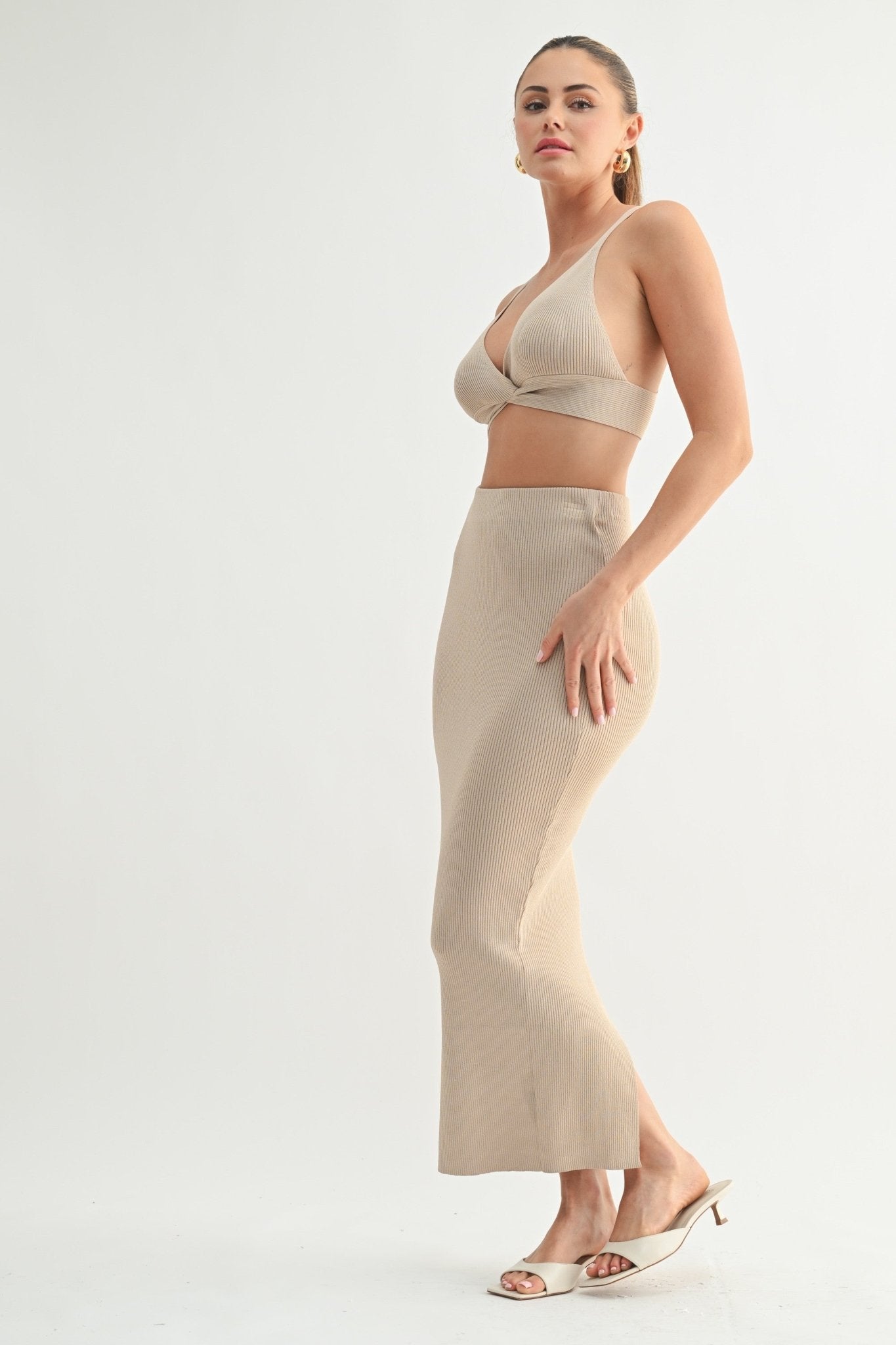 Beige Ribbed Knit Skirt Set
