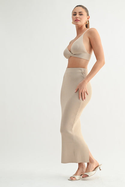 Beige Ribbed Knit Skirt Set