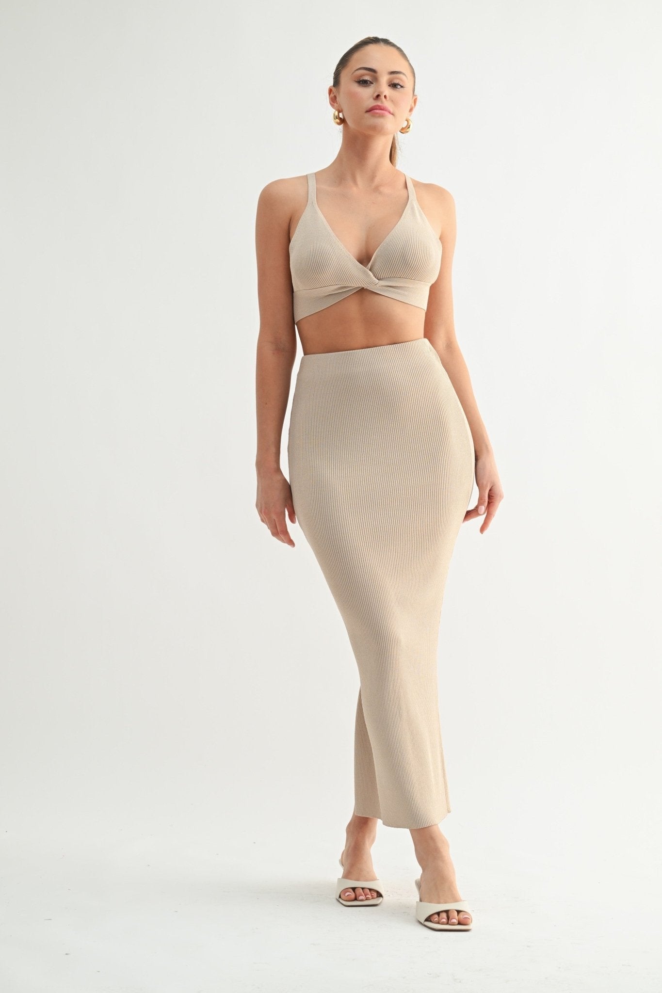 Beige Ribbed Knit Skirt Set