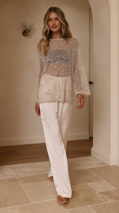 Zahni Sequins Long Sleeve Top - Beige