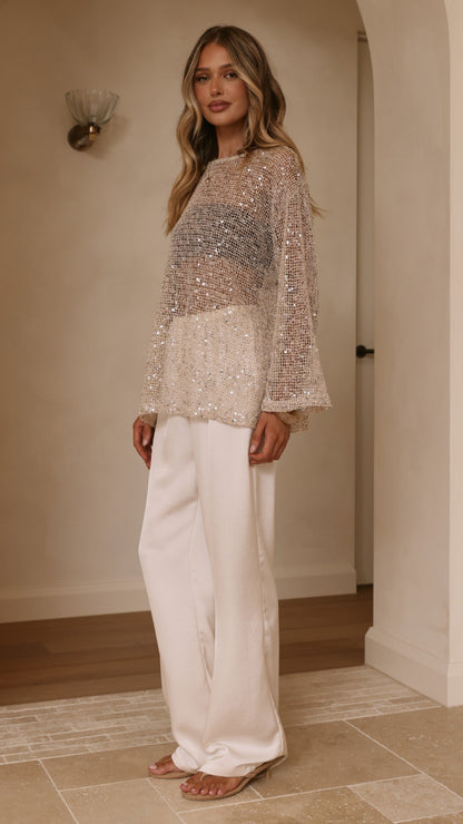 Zahni Sequins Long Sleeve Top - Beige