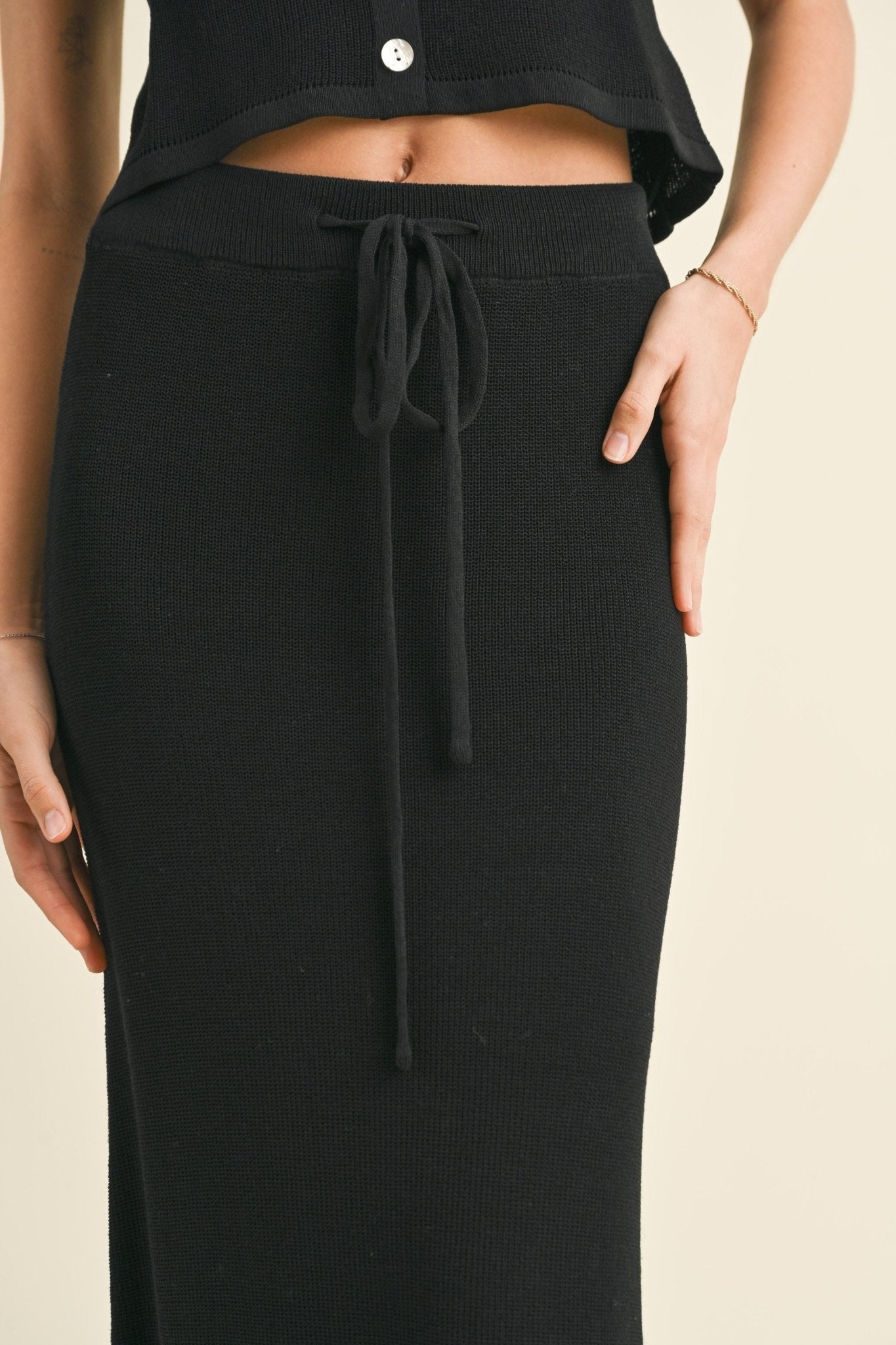 Black Drawstring Knit Maxi Skirt