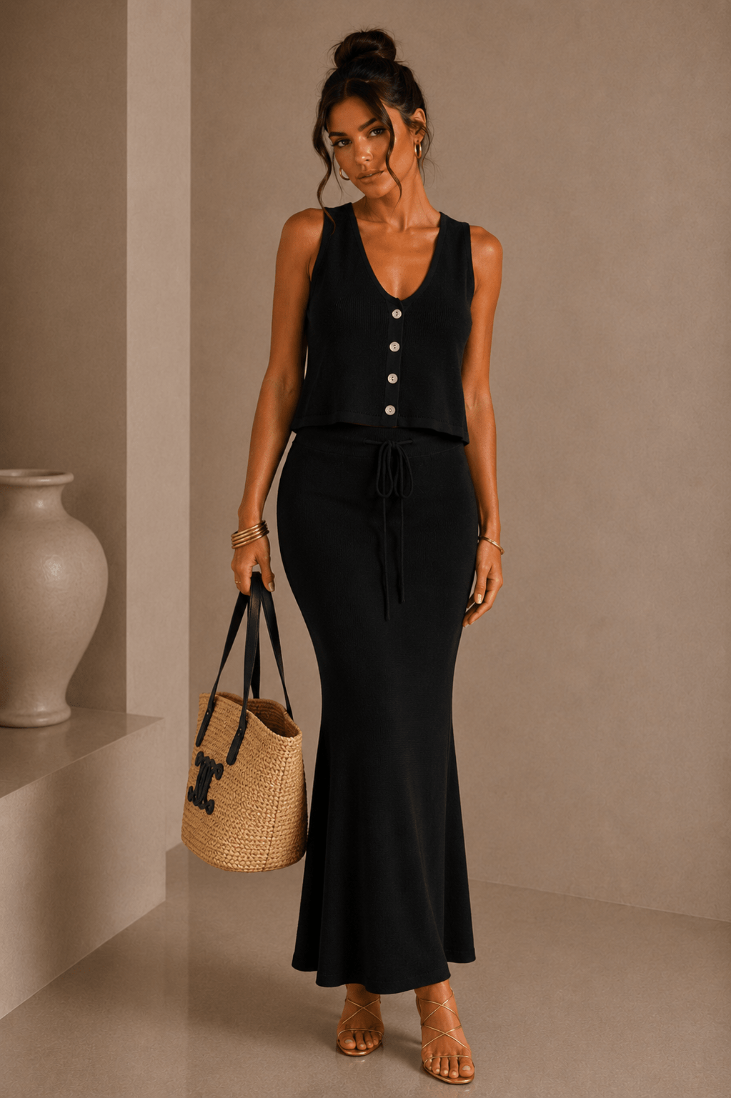 Black Drawstring Knit Maxi Skirt