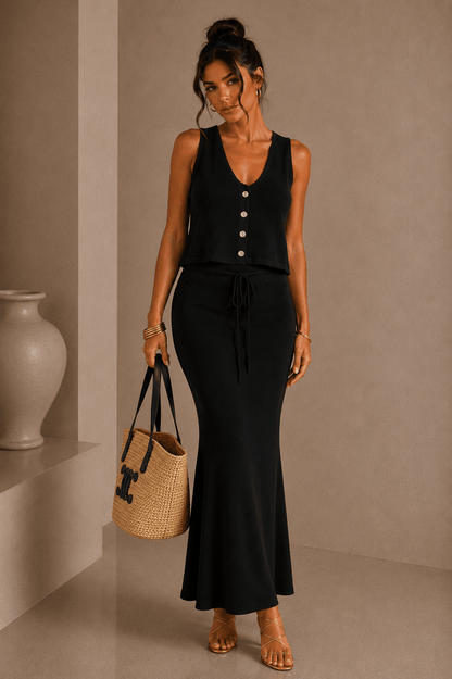 Black Drawstring Knit Maxi Skirt