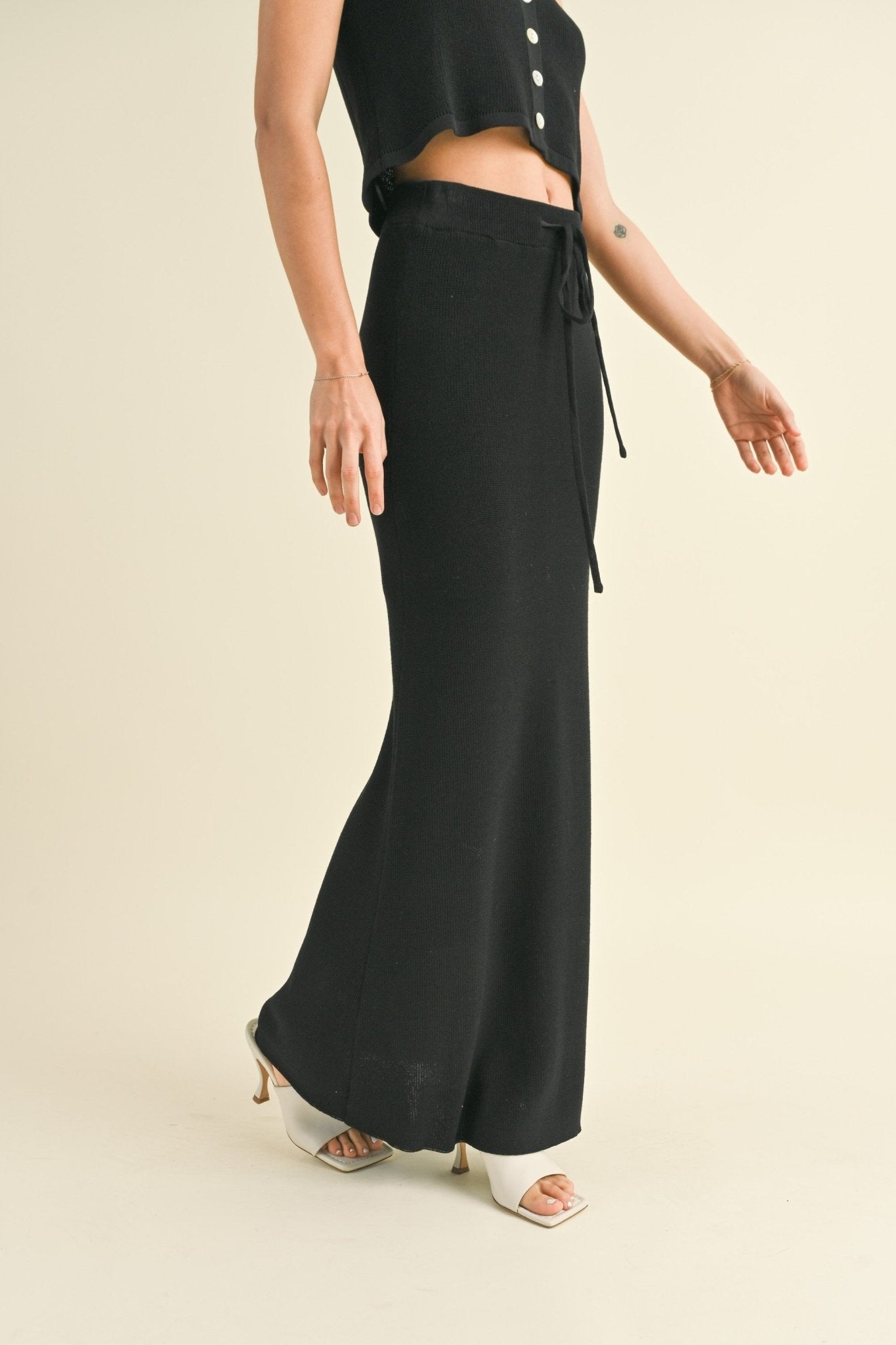 Black Drawstring Knit Maxi Skirt