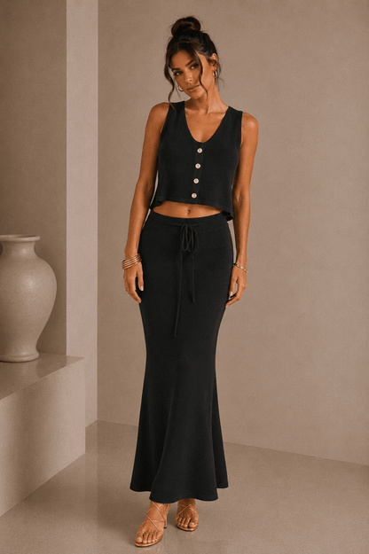 Black Drawstring Knit Maxi Skirt