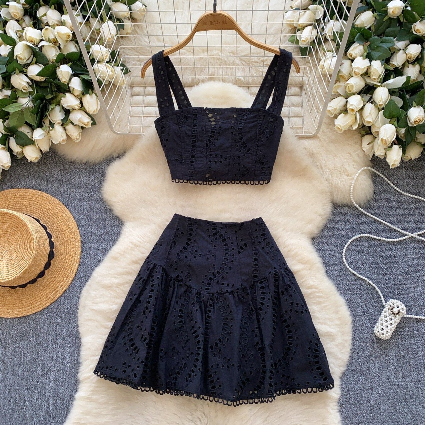Black Embroidery Skirt Set