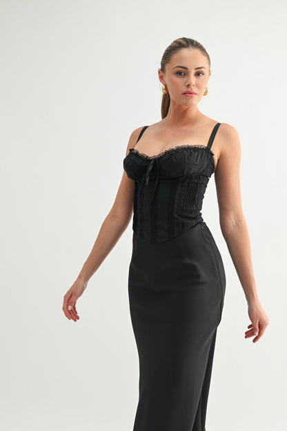 Black Lace-Up Satin Corset Top