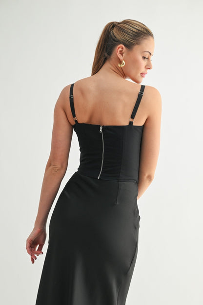 Black Lace-Up Satin Corset Top
