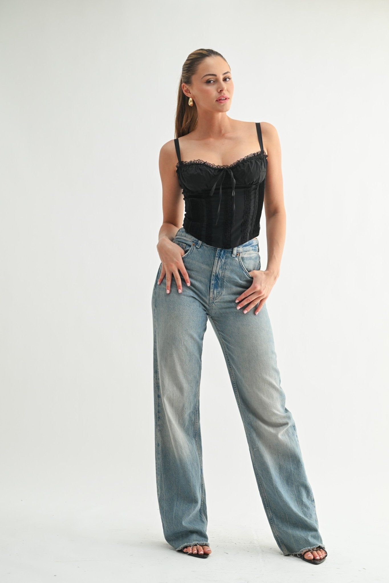 Black Lace-Up Satin Corset Top