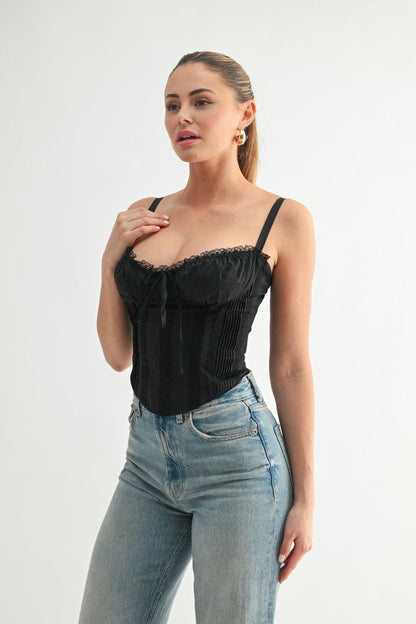 Black Lace-Up Satin Corset Top