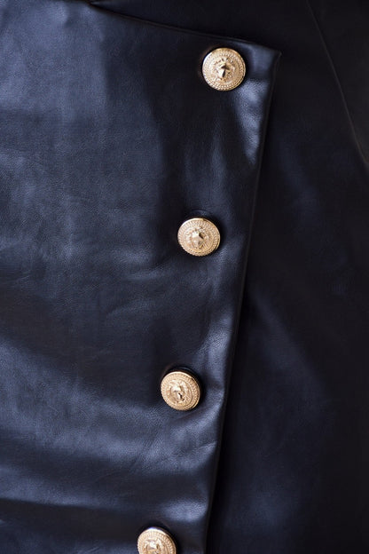 Black Leather Asymmetrical Button Down Mini Skirt