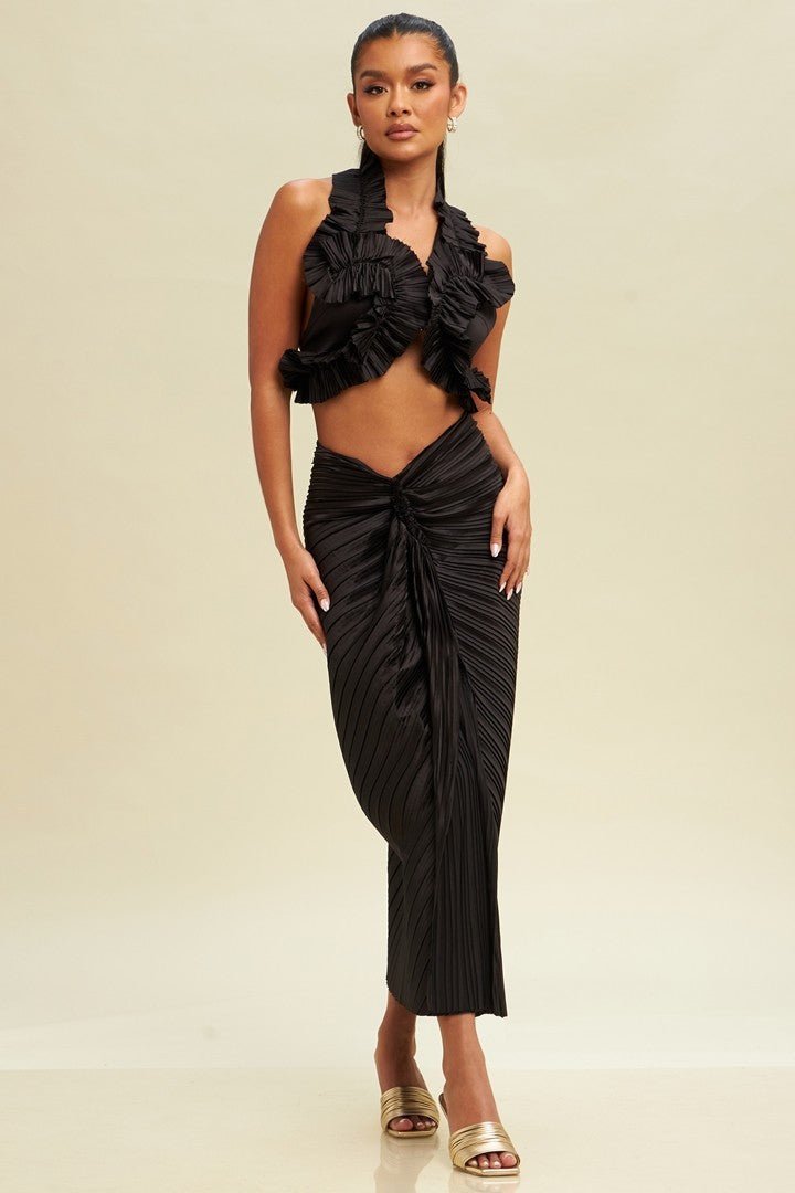 Black Pleated Resort Skirt Set