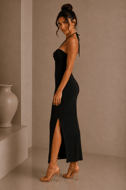 Black Halter Knit Midi Dress