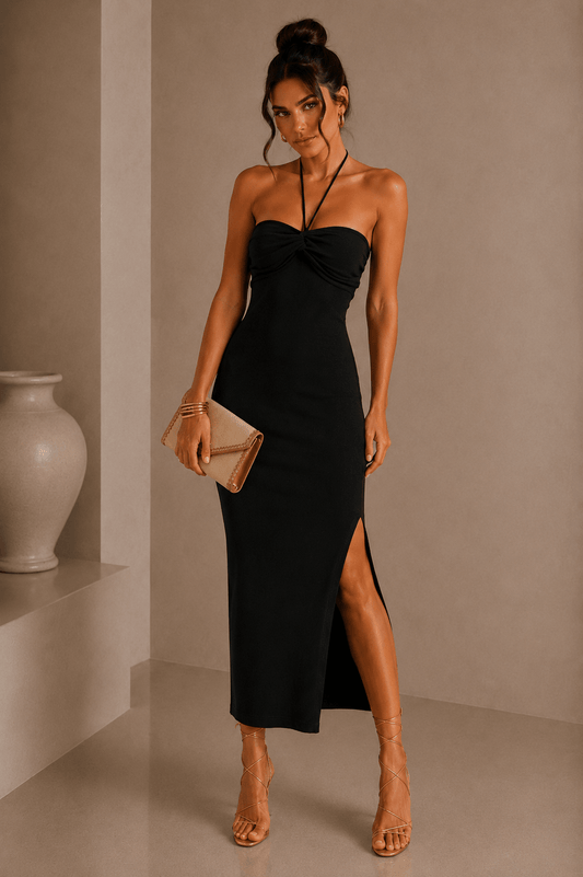 Black Halter Knit Midi Dress