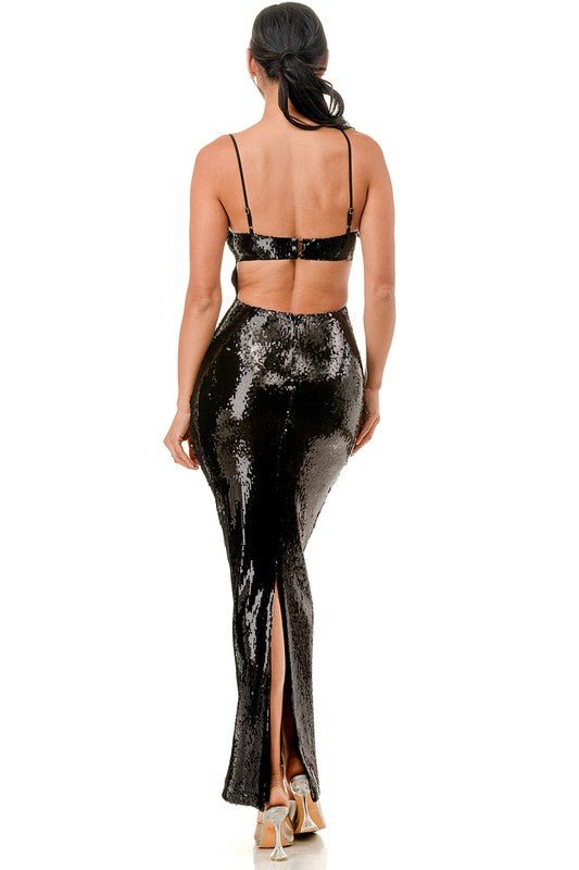 Black Sequin Corset Side Cutout Maxi Dress