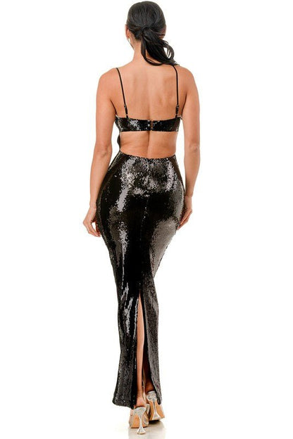 Black Sequin Corset Side Cutout Maxi Dress