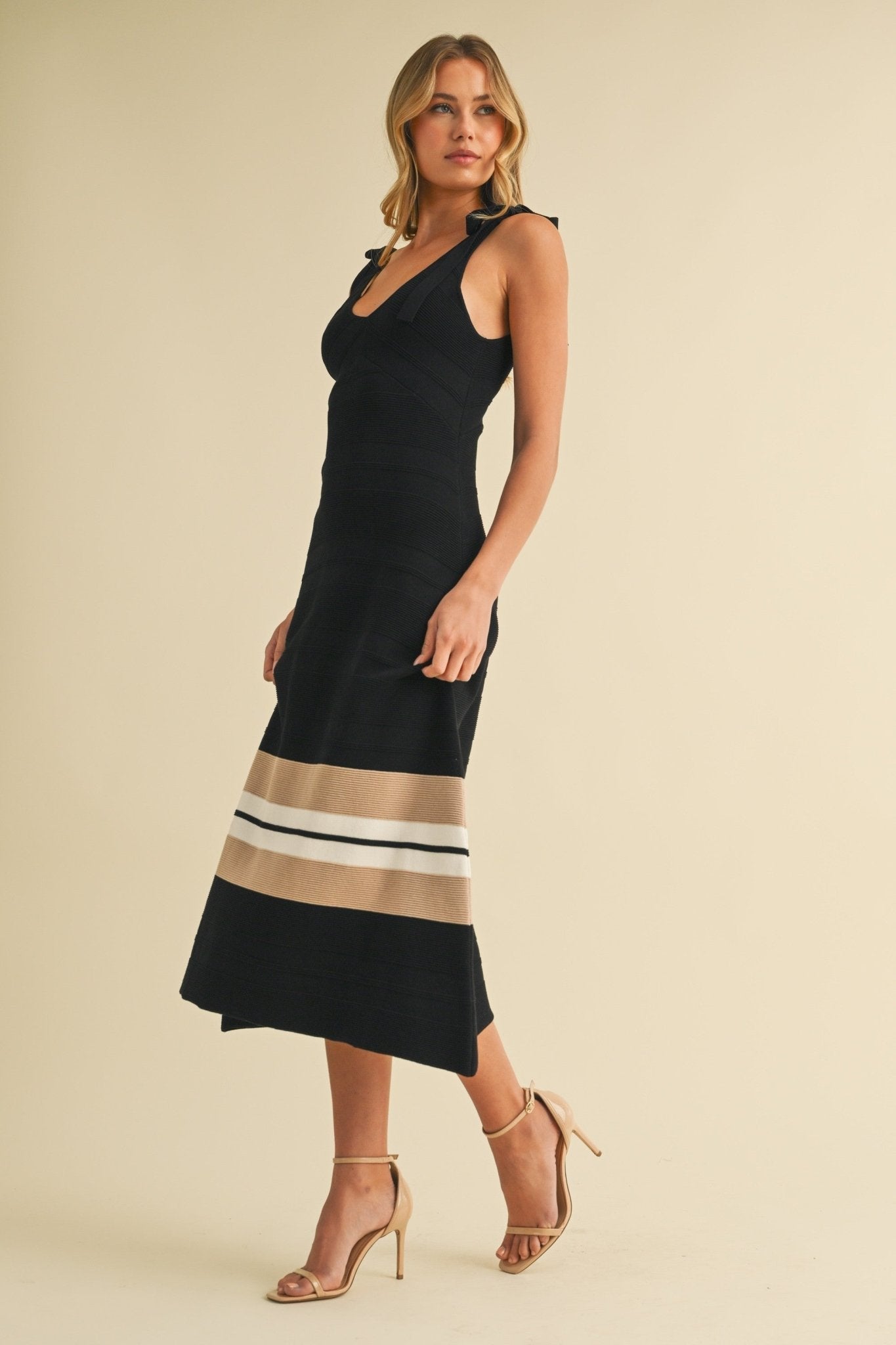 Black Tie Straps Peplum Midi Dress