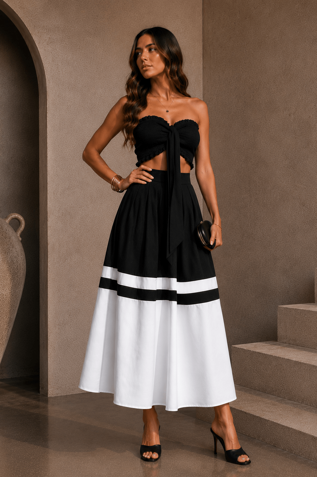 Black & White Strapless Peplum Skirt Set