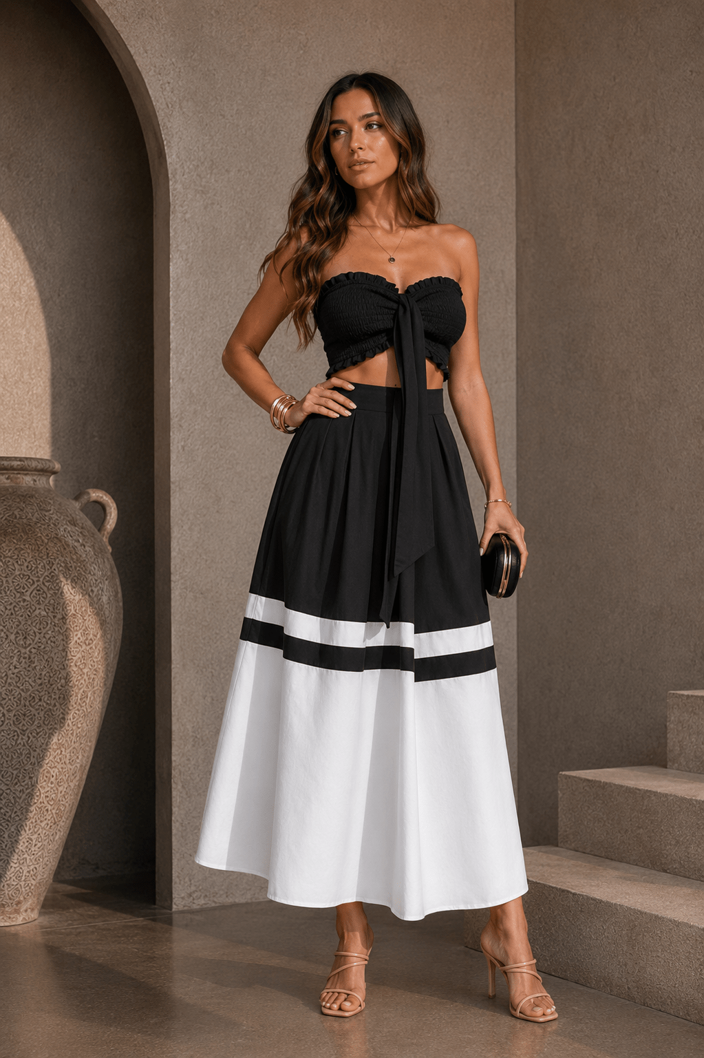 Black & White Strapless Peplum Skirt Set