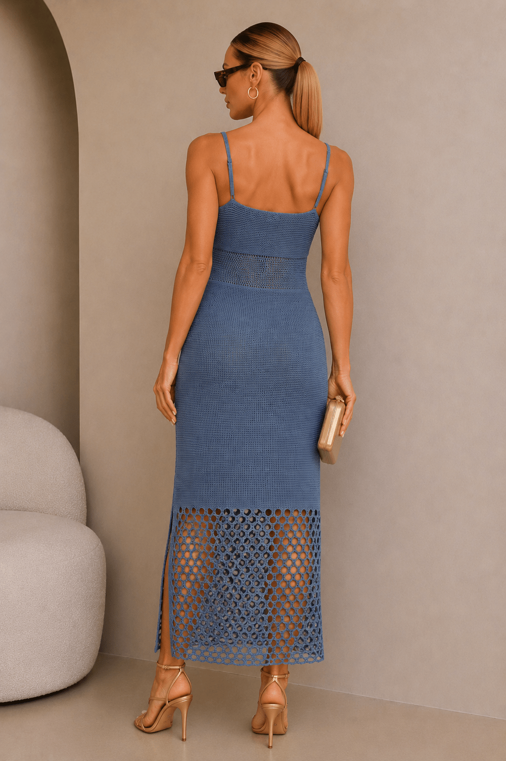 Blue Net Cutout Knitted Midi Dress