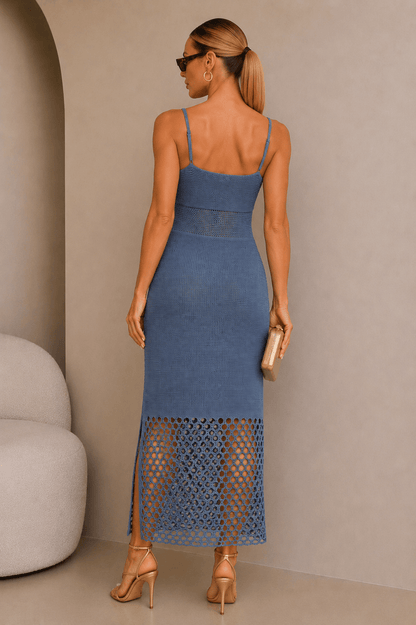 Blue Net Cutout Knitted Midi Dress