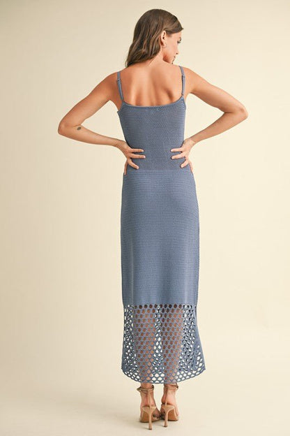 Blue Net Cutout Knitted Midi Dress