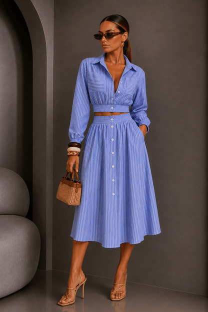 Blue Striped Button Down Skirt Set