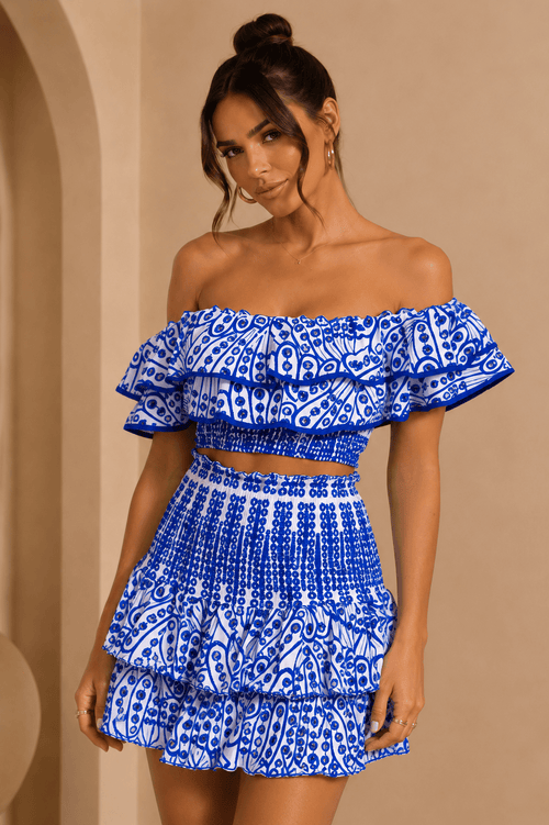 Blue & White Embroidered Ruffle Skirt Set