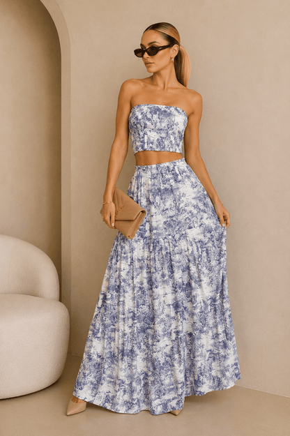 Blue & White Jungle Print Maxi Skirt Set