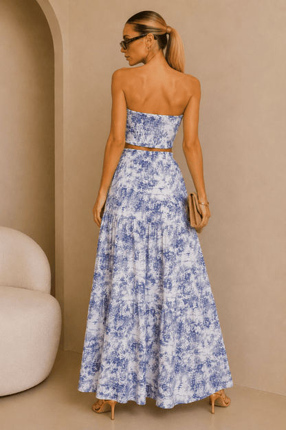 Blue & White Jungle Print Maxi Skirt Set