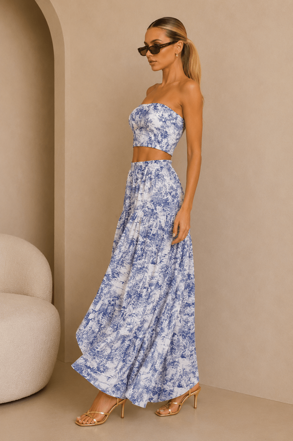 Blue & White Jungle Print Maxi Skirt Set