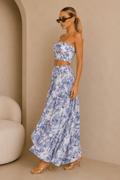 Blue & White Jungle Print Maxi Skirt Set