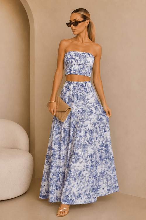 Blue & White Jungle Print Maxi Skirt Set
