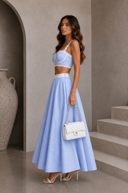 Blue & White Striped Lace Skirt Set