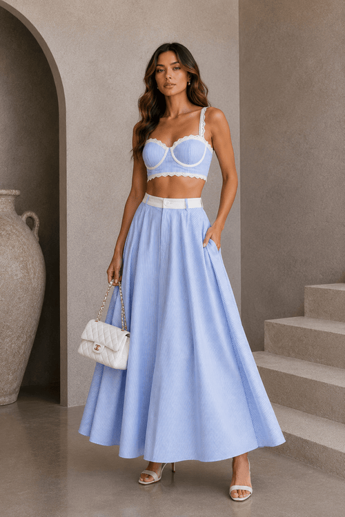 Blue & White Striped Lace Skirt Set