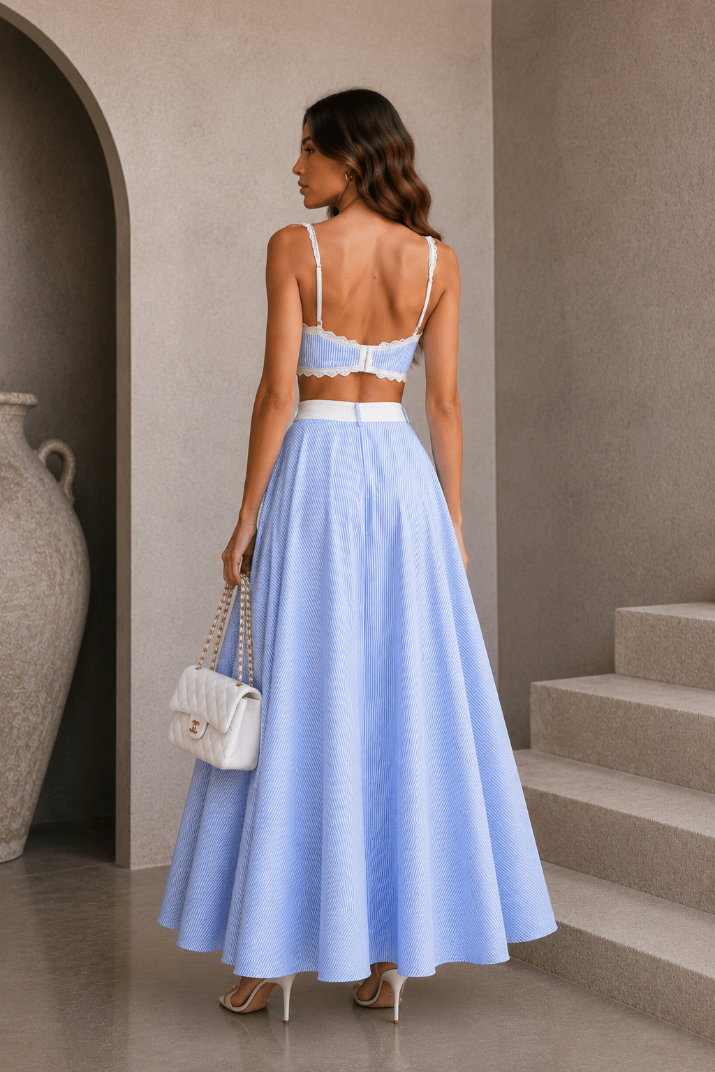 Blue & White Striped Lace Skirt Set