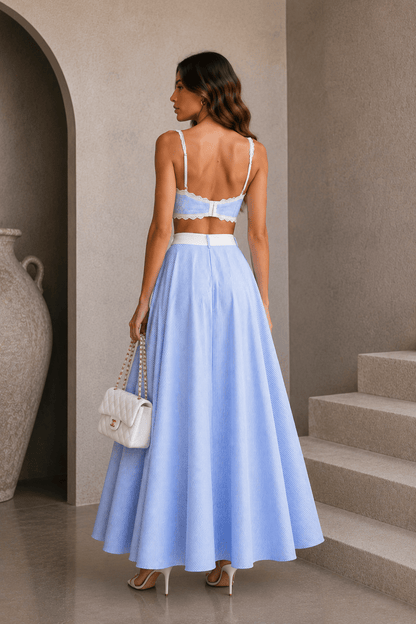 Blue & White Striped Lace Skirt Set
