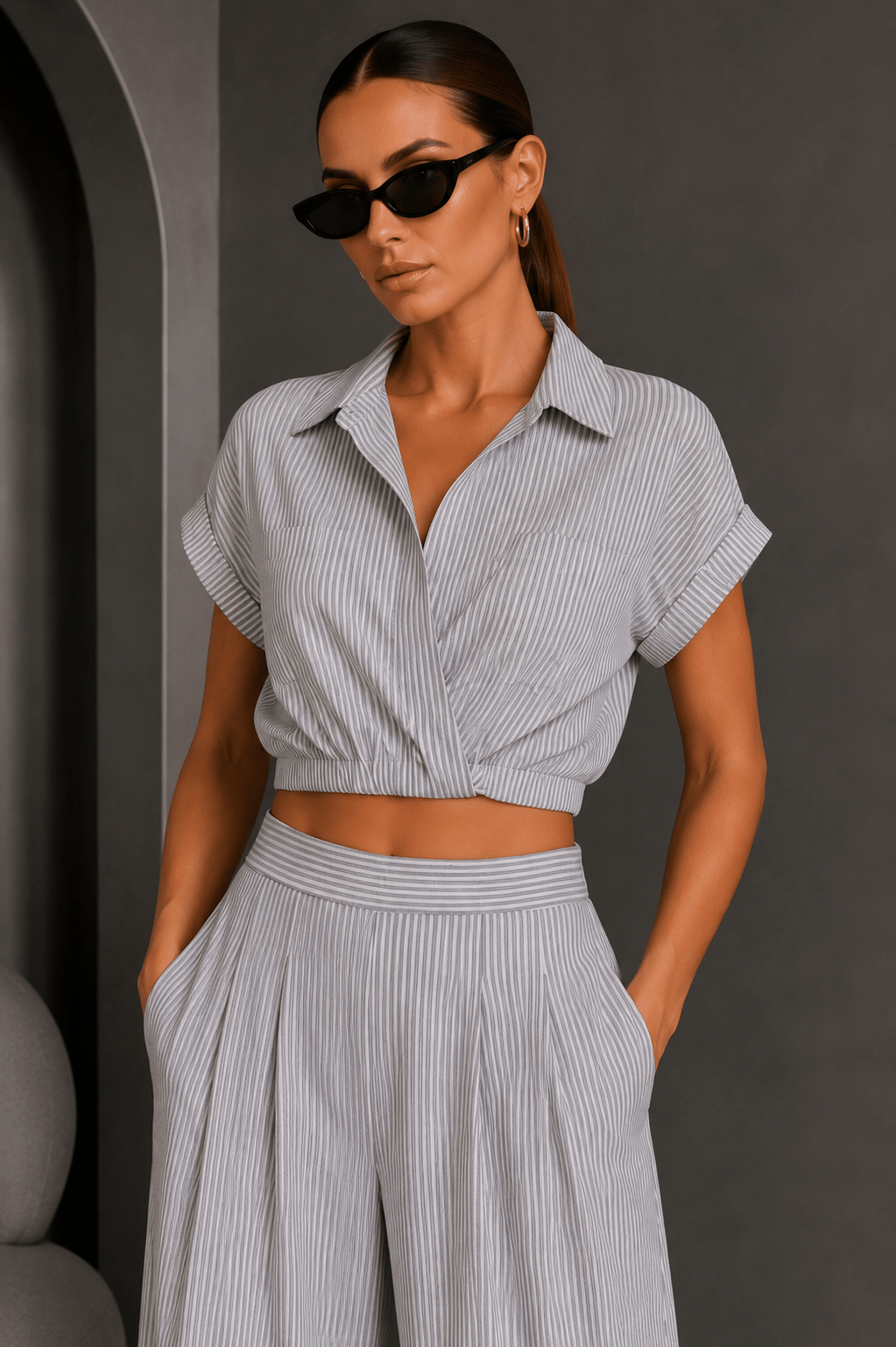 Blue & White Striped Pant Set