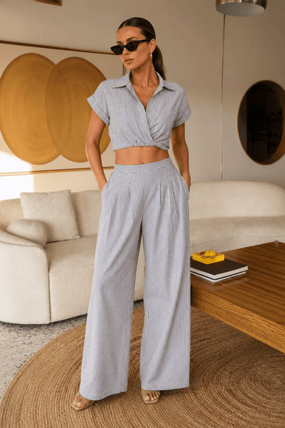 Blue & White Striped Pant Set