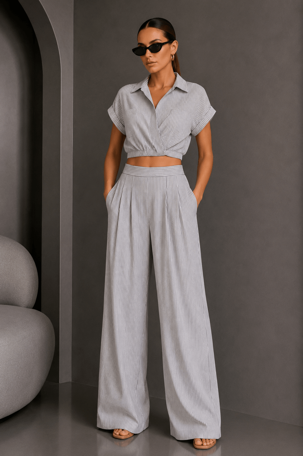 Blue & White Striped Pant Set