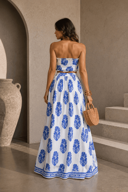 Blue & White Tie Front Maxi Skirt Set