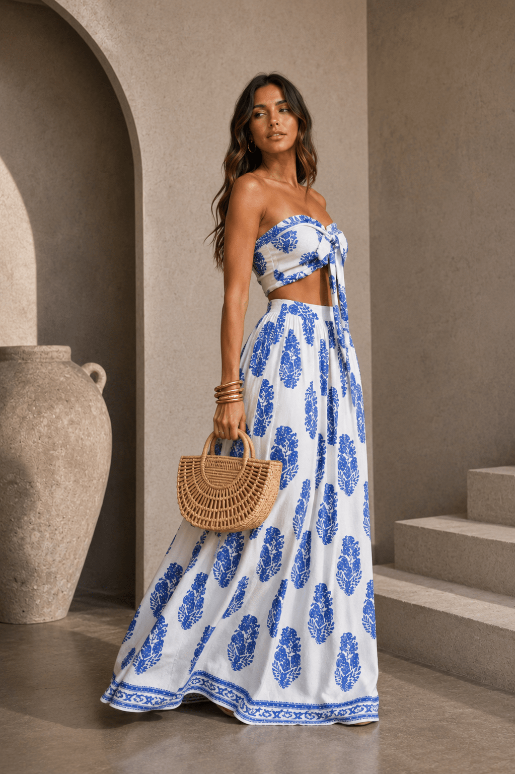 Blue & White Tie Front Maxi Skirt Set