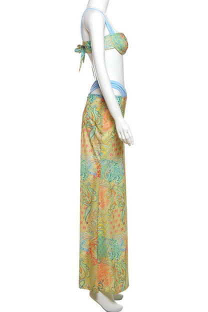 Bohemian Print Strappy Bikini Skirt Three-Piece Set