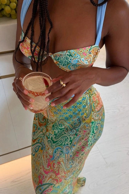Bohemian Print Strappy Bikini Skirt Three-Piece Set