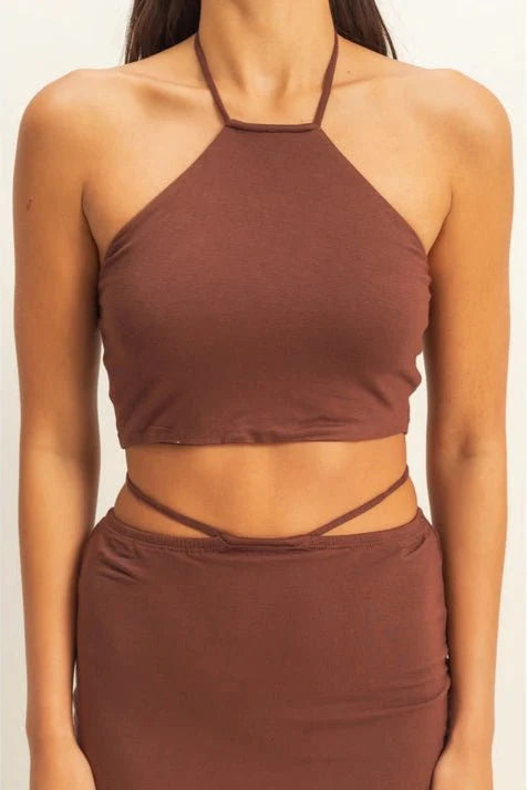 Brown Halter Neck Skirt Set